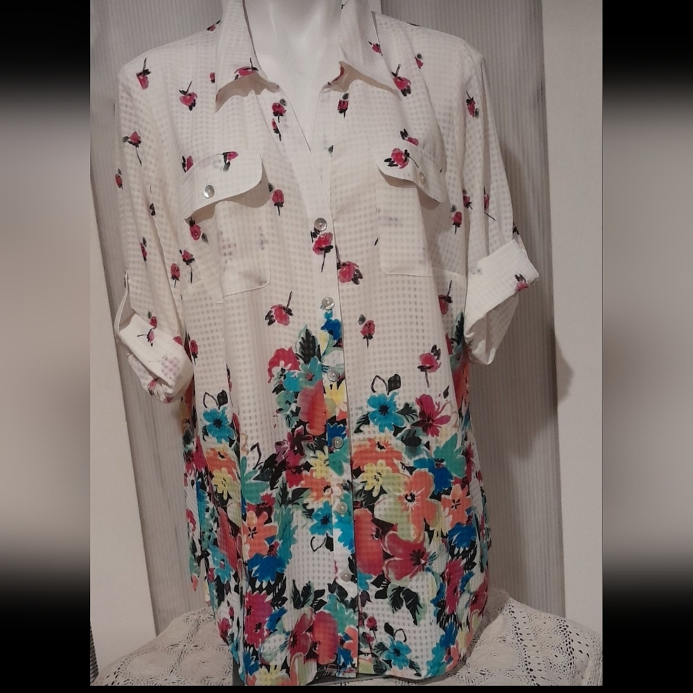 NY Collection- semi sheer white checked floral design button up blouse, size 2X